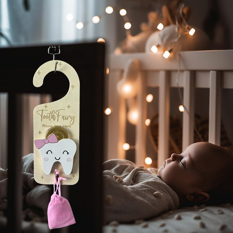 PAMBO Tooth Fairy Door Hanger, Wooden Tooth Fairy Money Holder with Tooth Coins for Lost Tooth Kids Gifts (Pink) - Image 4